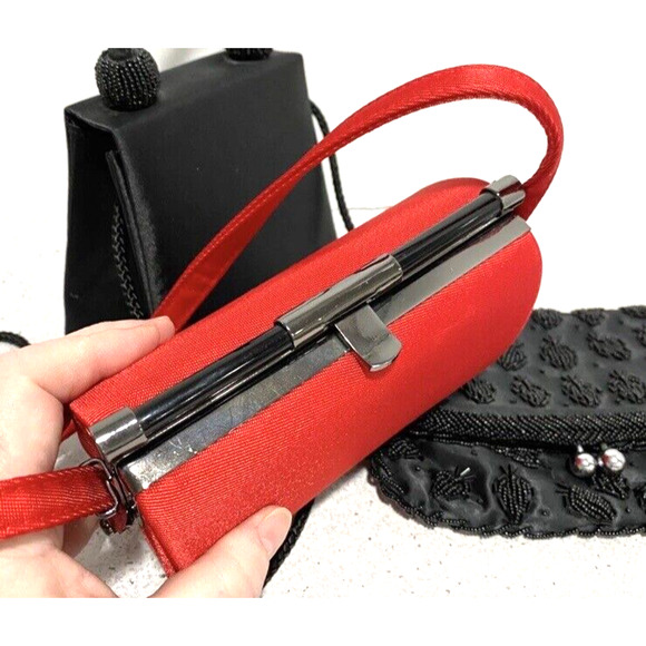 Red textured top handle evening bag dressy satin purse adjustable shoulder strap - Picture 3 of 4